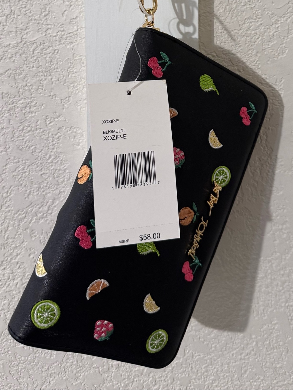 Betsey Johnson NWT charming fruit print, strawberries, cherries,embroidered,zip
